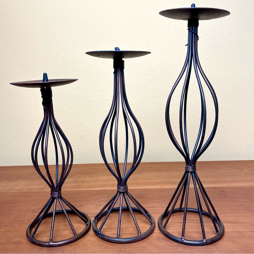 Metal Candle Holders Metal Pillar Spiral Brass Look Set of 3
